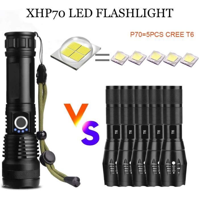 Lampe Torche LED Ultra Puissante, USB Rechargeable XHP70.2 Lampe de Poche,5 Modes  Haute Puissance Torche IPX65 étanche avec Batterie - Cdiscount Bricolage
