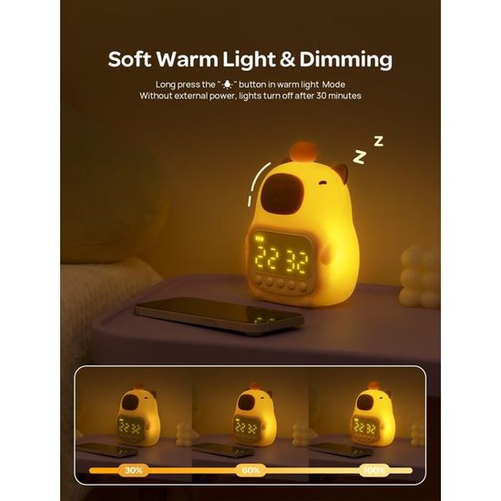 SKIKHN Horloge Réveil Capybara Mignon Avec Veilleuse Pour Enfants - Lampe Silicone Rechargeable USB-C