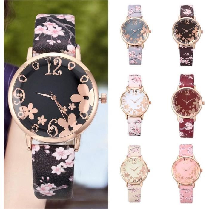Montre Femme Alienwork Élégante Avec Fleurs - Design Minimaliste Et Bracelet En Cuir