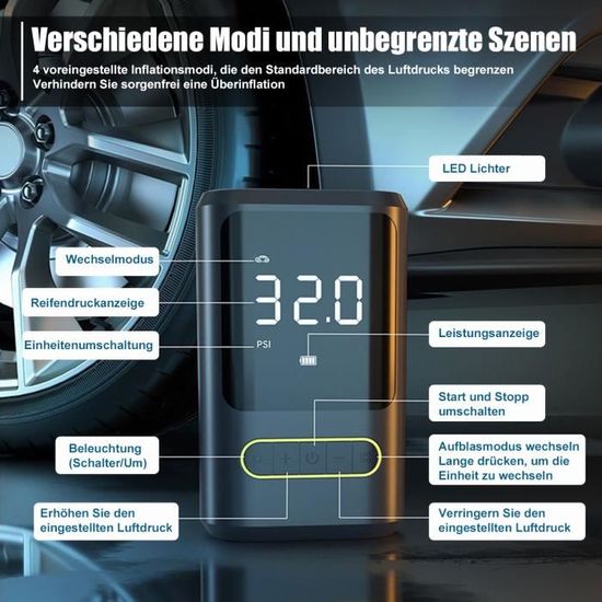Compresseur Air Portatif 150PSI - 4000mAh Sans Fil, Pompe Pneus Voiture/Vélo Avec écran LCD