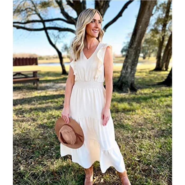 Robe ete femme longue elegante Robe de plage Beige unie Robe col V sans manches Robe grande taille fille ceremonie pas cher Beige Cdiscount Pret a Porter