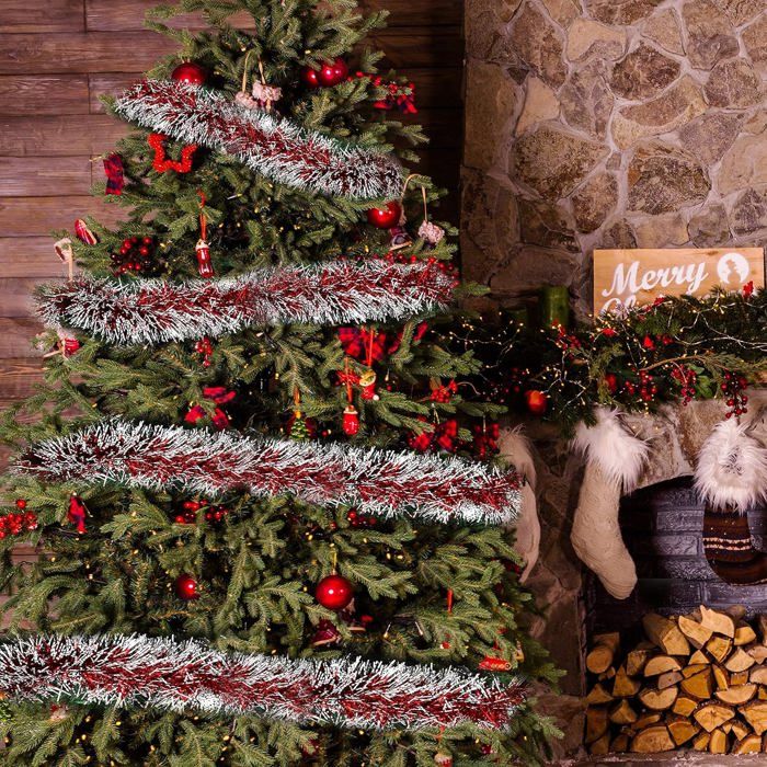 Lot déco Noël - Kit 44 pièces pour décoration sapin : Guirlandes, Boules et Cimier - Thème couleur : Blanc, Rouge, Or et Gris