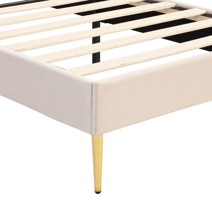 Lit Double Capitonné Velours 140x200 Cm - Tête De Lit Réglable, Pieds En Fer Doré, Forme Coquillage - Beige - 2