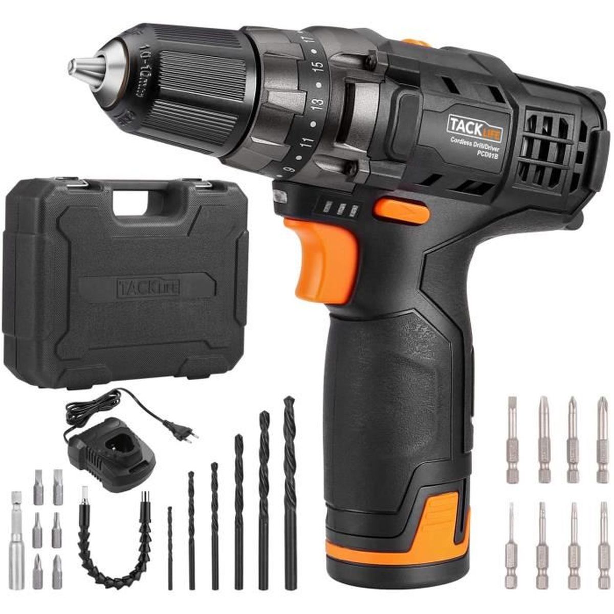 TACKLIFE Perceuse Electrique 19+1 Réglage du Couple 1 heure de charge rapide Mandrin automatique de 10 mm Batterie 2.0 Ah 93pcs Accessoires Perceuse Visseuse sans Fil 12V PCD01T LED TACKLIFE Perceuse Electrique 19+1 Réglage du Couple 1 heure de charge rapide Mandrin automatique de 10 mm Batterie 2.0 Ah 93pcs Accessoires Perceuse Visseuse sans Fil 12V PCD01T LED