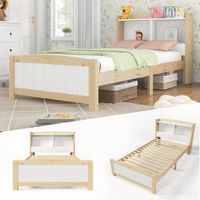 Espace de rangement pour lit simple en bois massif-Lit Cadre de lit 90 x 200 cm avec sommier à lattes Pin massif Naturel et blanc