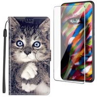 Verre trempé+ Etui Cuir Pour Pour Samsung Galaxy S21 6.2" Housse Folio Etui Portefeuille Protection -Chat gris