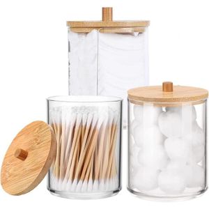 Relaxdays Rangement disques coton et coton-tiges, plastique, couvercle  bambou, contenants empilables, transparent/nature