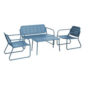 Salon bas de jardin Salon de jardin en métal bleu. 4 places. 1 canapé. 2 fauteuils. 2 table basse