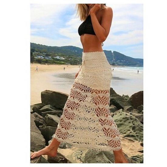 Summer Lady crochet de plage jupe boheme creux bikini couvrir jusqu a beige noir robe longue couleur Beige Cdiscount Pret a Porter