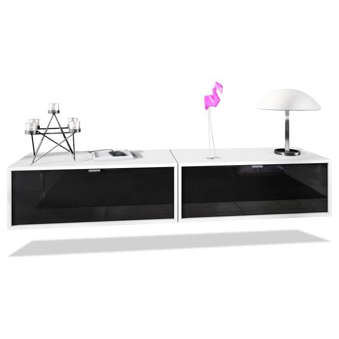 Ensemble de 2 set meuble TV Lana 80 armoire murale lowboard 80 x 29 x 37 cm, caisson en blanc mat, façades en Noir haute brillance