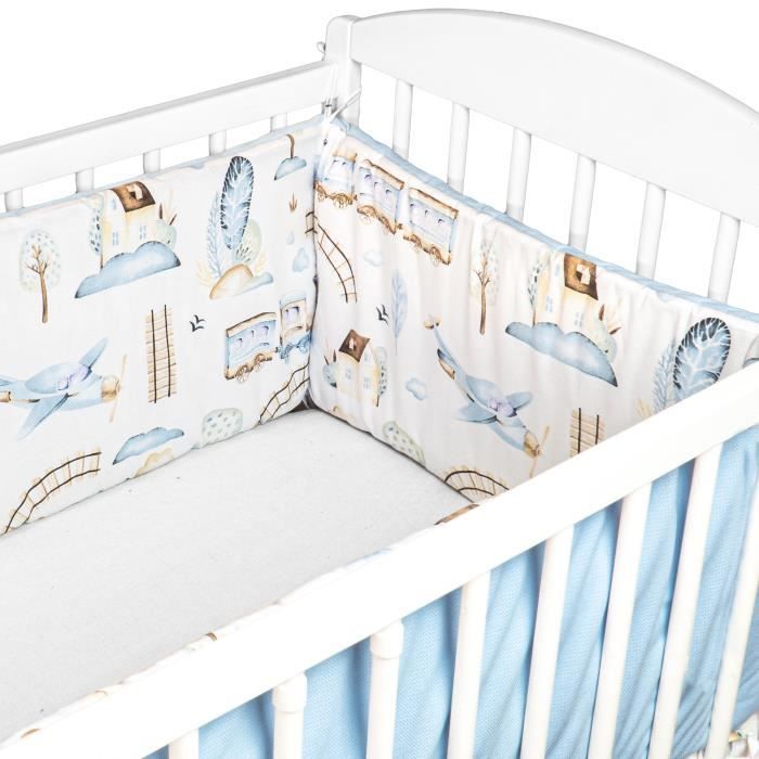 Tour De Lit Bebe Velvet 360 x 30 cm - Coton et Velours - contour lit bebe respirant pour garcon fille Bleu Clair avec un Motif Train