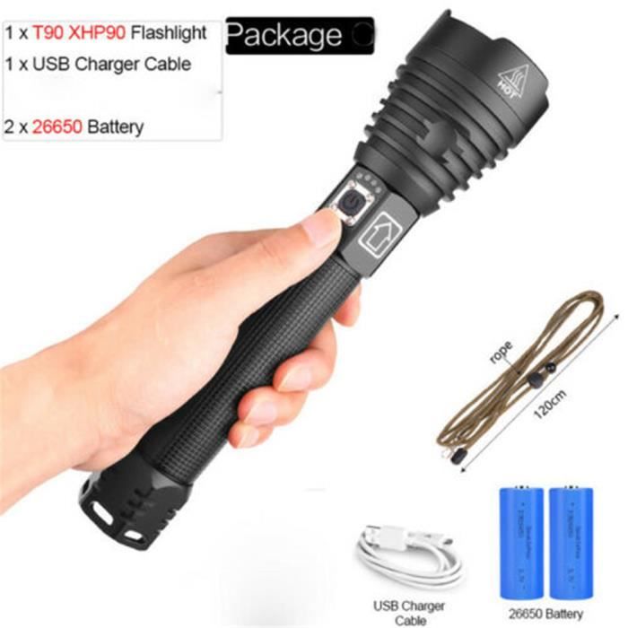 1909 XHP90 2500Lumens 3Modes USB Rechargeable Zoomable lampe de poche LED extérieur 26650 lampe torche à LED Portable