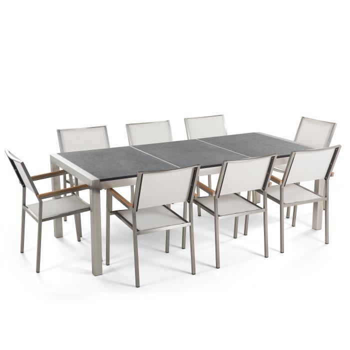 Beliani - Table de jardin acier inox plateau granit triple noir flambé 220 cm avec 8 chaises en textile blanc GROSSETO