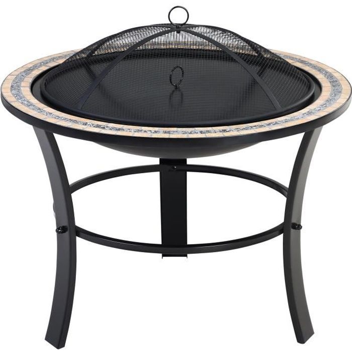 Brasero rond Fuego Ø 76 cm acier laqué pierres mosaïque accessoires couvercle jardin terrasse feu bois charbon briquette barbecue