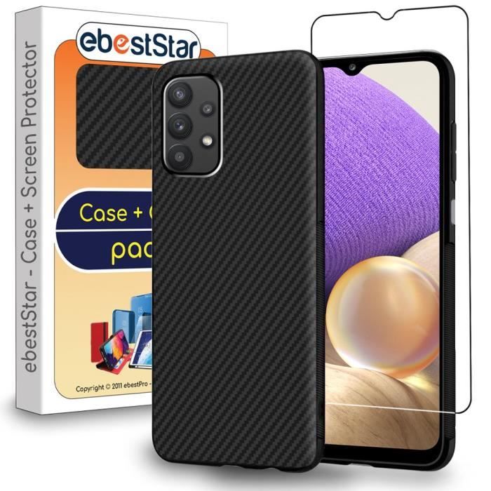 ebestStar ® pour Samsung Galaxy A32 5G - Coque Gel Motif Fibre Carbone Luxe Flex TPU + Film protection écran en VERRE Trempé, Noir