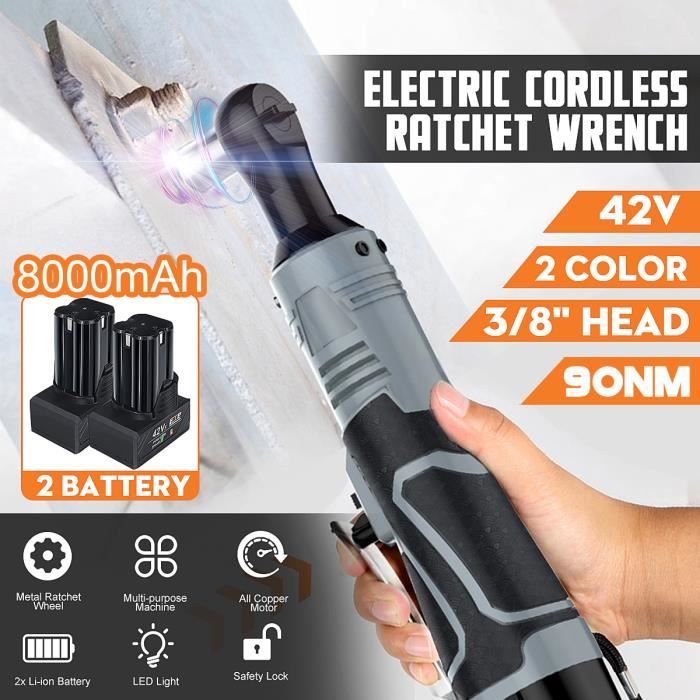 NEUFU 42V 90Nm Clé à Angle à Cliquet Sans fil Electrique LED + 2 Batteries GRIS