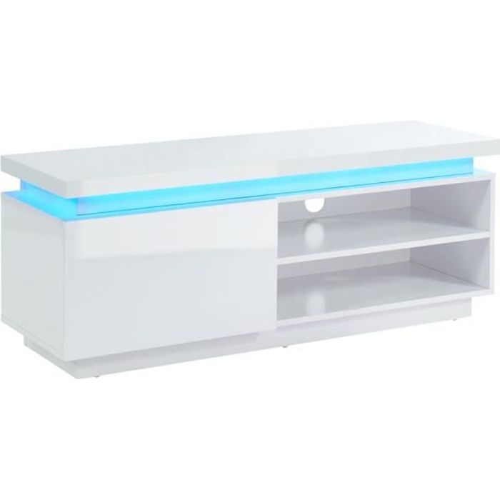 Meuble TV coloris blanc brillant à LED en mélamine - Dim : 120 x 40 x 47 cm