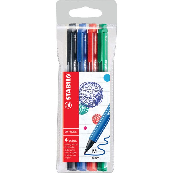 Blister x 4 stylos-feutres STABILO pointMax - noir + bleu + rouge + vert