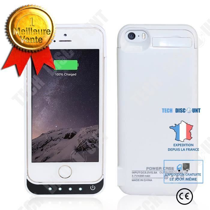 TD® Coque Batterie Secours 4200 mAh pour iPhone 5- 5c - 5S Blanc- Power Bank - Affichage LED - Port Supplémentaire d'urgence Blanc