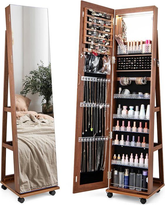 RELAX4LIFE Armoire à Bijoux LED sur Pied - 4 Roulettes & Miroir Pleine Longueur - Verrouillable à Clé - 5 Étagères Réglables - Brun