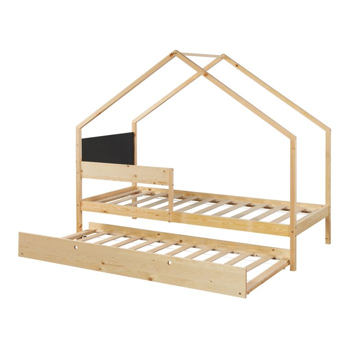 Lit cabane gigogne Sodankylä avec 2 matelas 90 x 200 cm naturel noir Lit cabane gigogne Sodankylä avec 2 matelas 90 x 200 cm naturel noir