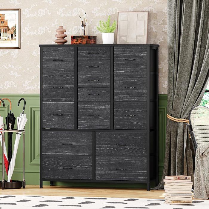 Commode pour Chambre15 Tiroirs en TissuArmoire à TiroirsCadre en Acier100x30x123cmMeuble de Rangement avec Dessus en BoisNoir