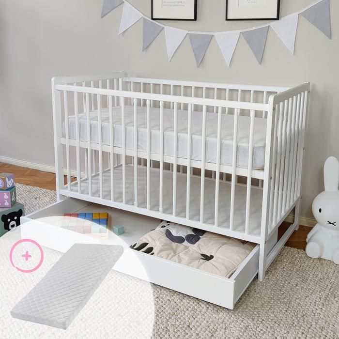Lit Bébé 60x120 cm - Lit évolutif avec Matelas et Sommier - 3 Hauteurs - Tiroir -Barreaux Amovibles - Pin Massif - Blanc