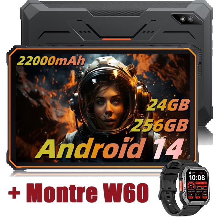 Blackview Active 8 Pro Tablette Incassable 10.36 2.4K FHD+ 24Go+256Go 22000mAh(33W) 48MP+16MP Android 14 Orange Avec W60 Noir