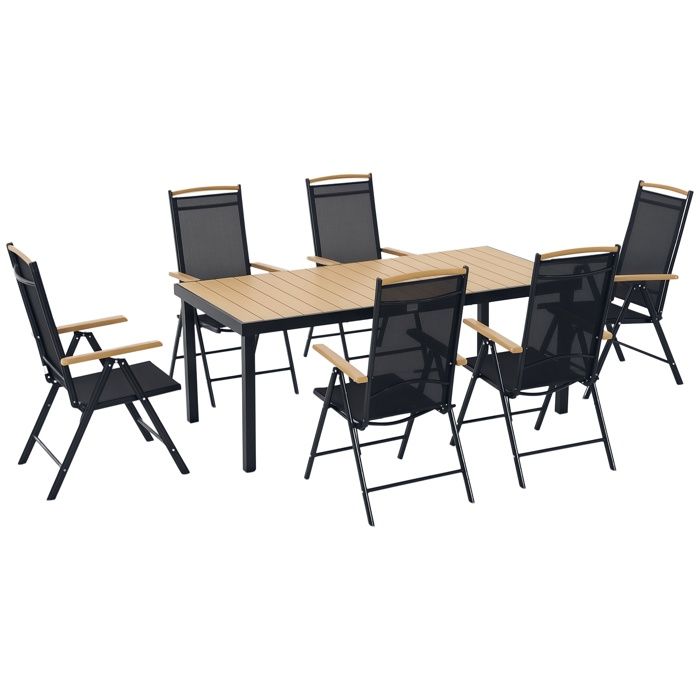 Salon de jardin extérieur 6 personnes - Outsunny - cadre en aluminium - table 190 cm - 6 chaises pliables et inclinables - noir