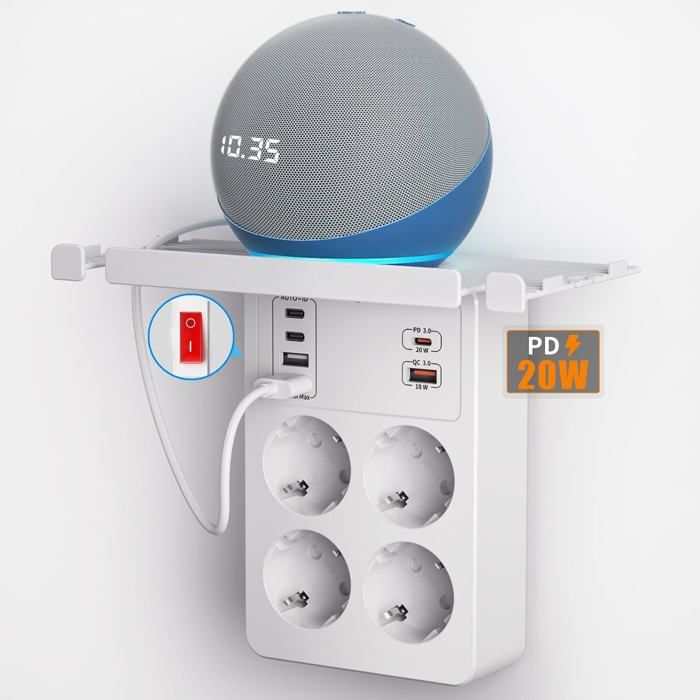 PD20W Prise Multiple avec Interrupteur Multiprise Murale avec Charge Rapide PD3.0 et QC18W Prise USB Multiple 4 Prises Euro et 6