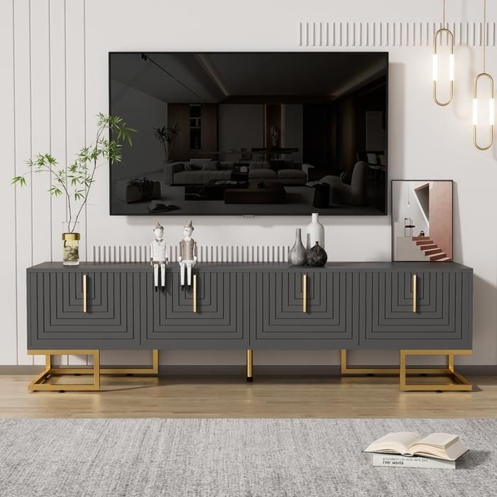 Meuble Tele 170x40x45cm avec Quatre Tiroirs Meuble TV Haut avec Portes éLéGantes et PoignéEs DoréEs Meubles TV Modernes Gris