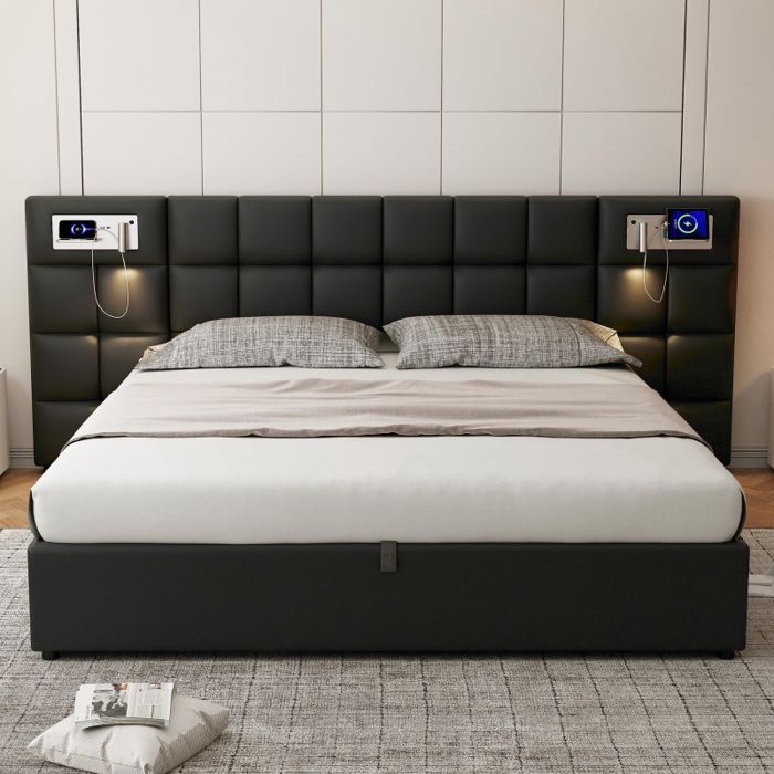 Lit coffre - VVBV - 180x200 - PU noir capitonné - Port USB & charge sans fil - LED intégrée