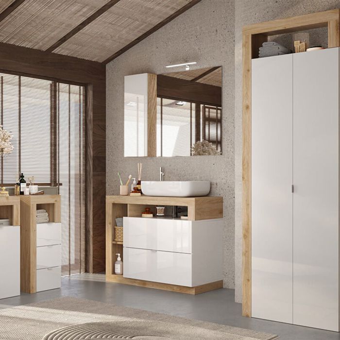 Ensemble meuble vasque 92cm + rangements + armoire blanc et aspect bois Cadiz - ARTURO Ensemble meuble vasque 92cm + rangements + armoire blanc et aspect bois Cadiz - ARTURO