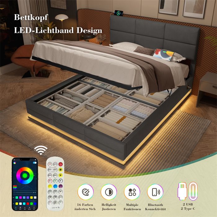 Lit Double en Velours avec Ports USB-C Lit 140x200cm avec Sommier et Rangement Lit Coffre Adulte Ado Tête de Lit Réglable Gris