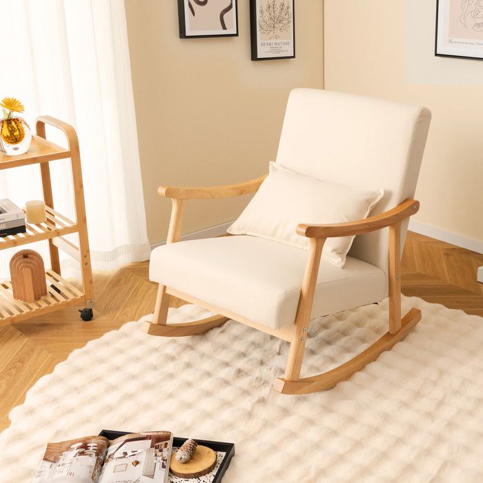 Fauteuil à Bascule - RELAX4LIFE - Coussin Lombaire -Dossier et Siège Rembourrés - Cadre en Bois de Caoutchouc - Charge 150KG -Beige