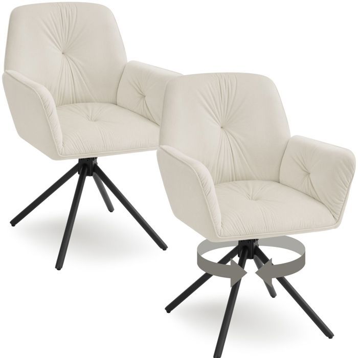 Chaise - TECTAKE - Lot de 2 fauteuils LENIA pivotants en velours rembourré pieds en acier 565 x 54 x 86 cm - Crème/Noir