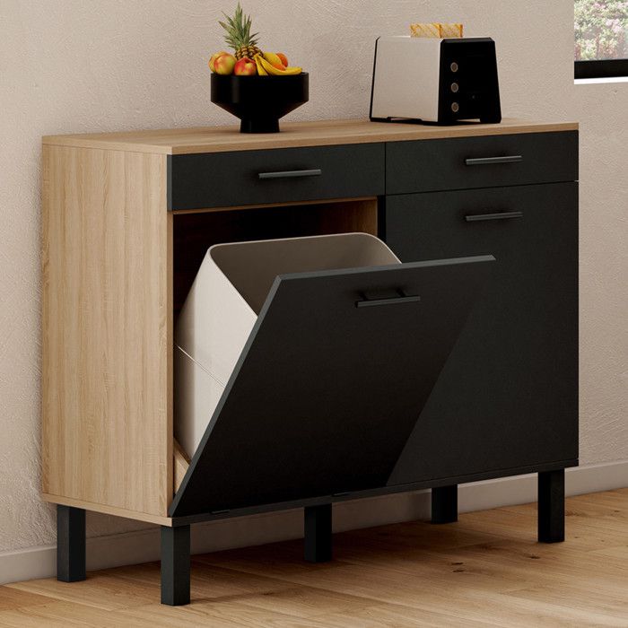 IDMARKET Buffet bas de cuisine avec espace poubelle 100 cm CINA plan de travail H.83 cm 2 portes + tiroirs façon hêtre et noir