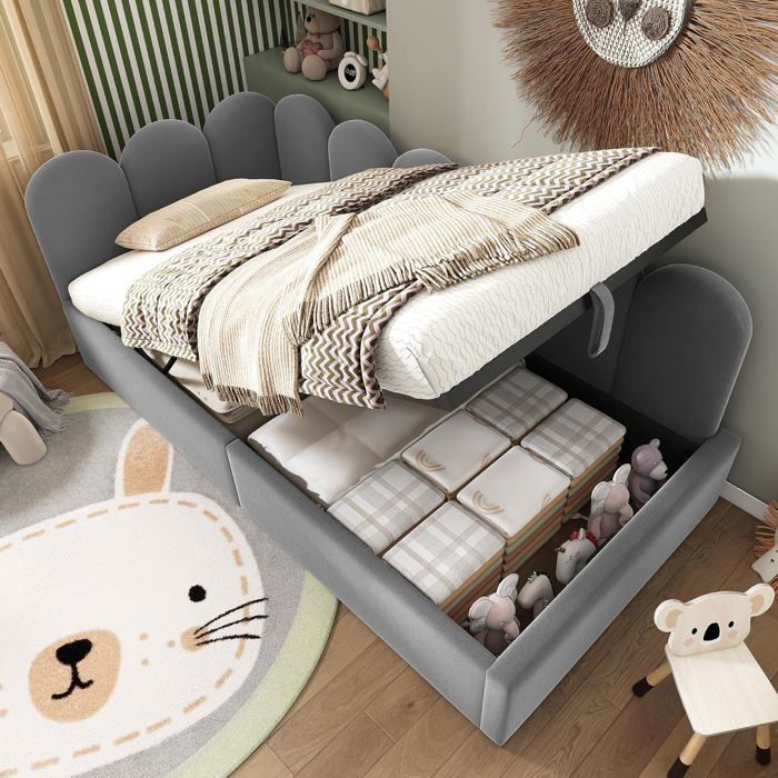 Lemonbest Lit Enfant 90 x 190 cm Lit Coffre avec Espace de Rangement hydraulique Canapé lit en Velours Gris