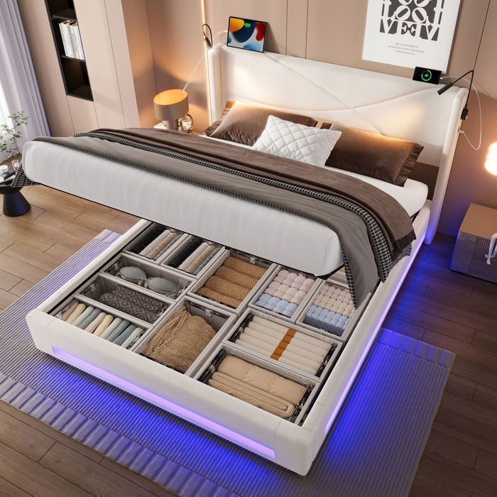 Lit 180x200 cm, 2 places, avec 2 tiroirs, LED, décoration par rivets, USB, poche latérale de rangement, sommier à lattes en bois, cadre en métal, lit capitonné en velours - Beige