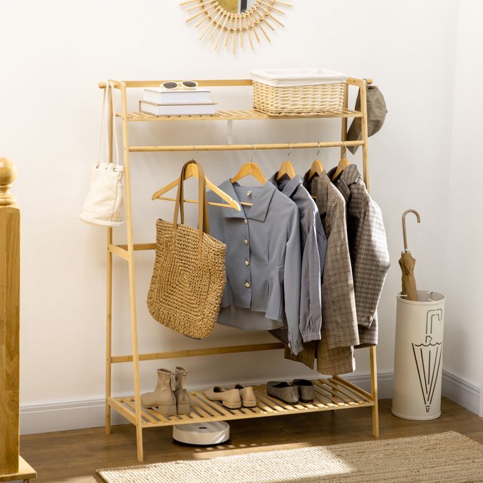 Portant à vêtements penderie porte-manteau avec 2 étagères 2 crochets et 1 barre de suspension en bambou