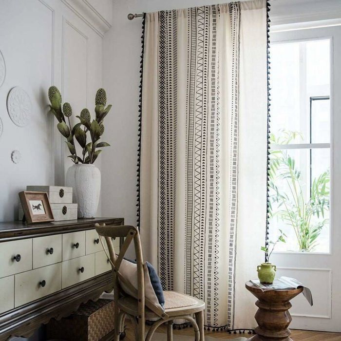 Panneau de rideau - PZCC - 150 x 180 cm - Polyester - Blanc - Pampille noire
