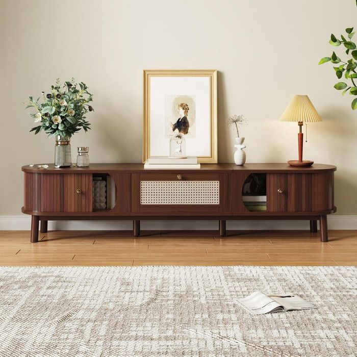 Meuble TV – Meuble TV avec portes en bois naturel et tiroirs en rotin rangement naturelles pour ambiance rustique pour salon