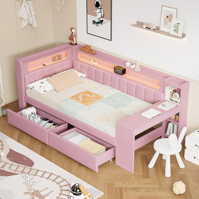 Canapé-lit rembourré 90x200 cm avec éclairage LED et ports USB Lit simple avec bureau et deux tiroirs de rangement Rose