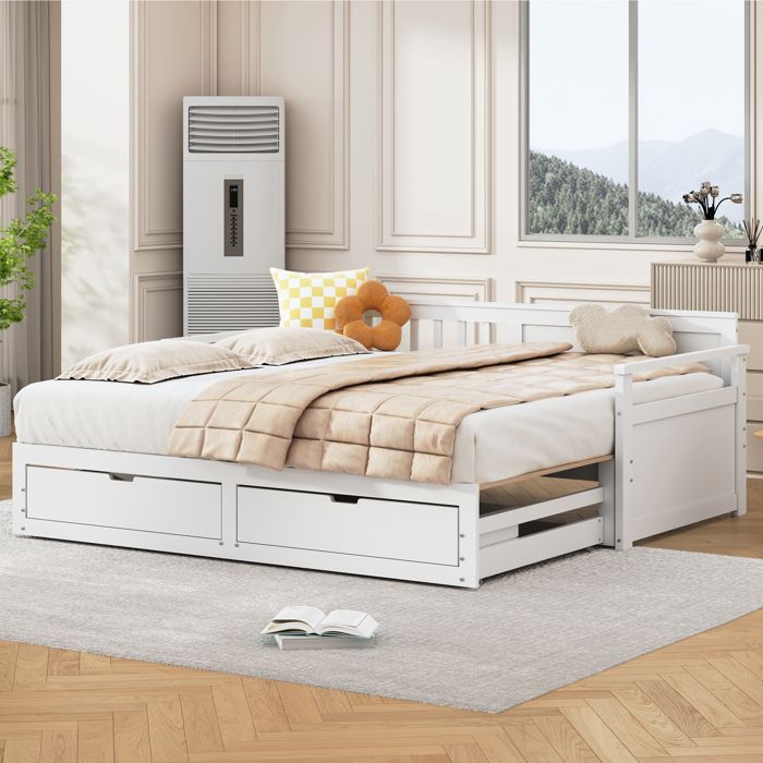 Lit avec rangement 90x190/180x190 cm en pin massif blanc avec tiroirs réversibles et lit gigogne – Design fonctionnel