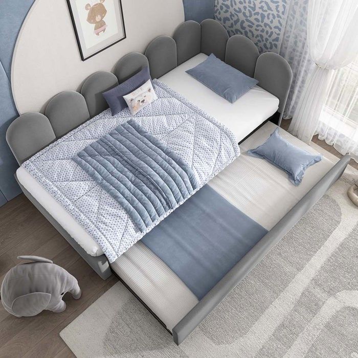 Lit coffre 90x200cm - avec canapé-lit gigogne 90x190cm - sommier à lattes métalliques - lit enfant - velours - gris