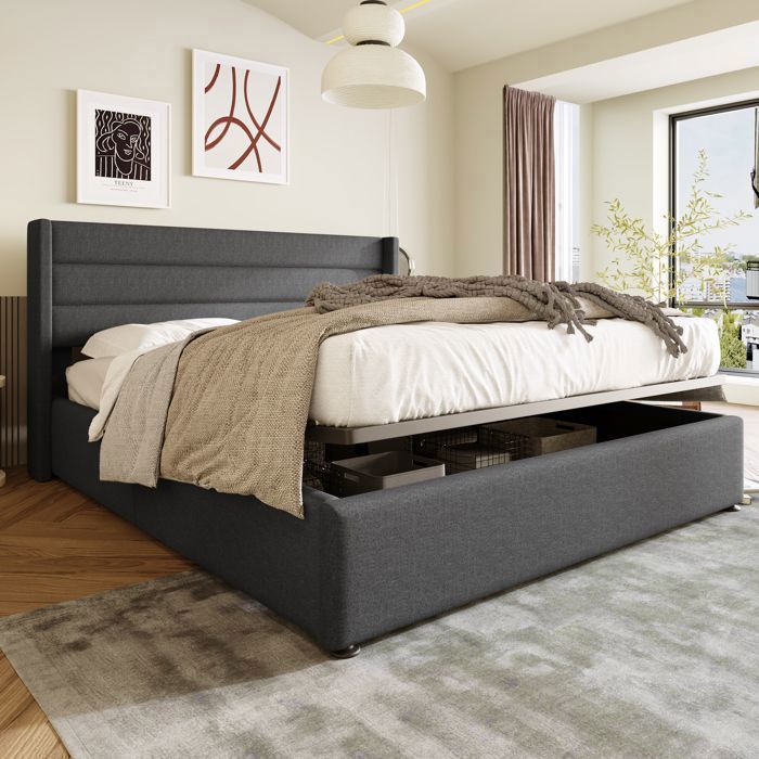 Lit Coffre - MERAX - 140 x 200 cm - Tissu en lin gris - Lit Adult Lit Coffre - MERAX - 140 x 200 cm - Tissu en lin gris - Lit Adult