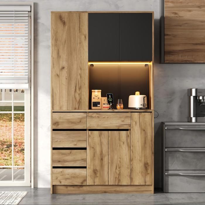 Buffet Haut de Cuisine 185 × 105 × 40 cm avec Étagère à Épices Coulissante LED et Prises Armoire de Rangement Buffet Haut de Cuisine 185 × 105 × 40 cm avec Étagère à Épices Coulissante LED et Prises Armoire de Rangement