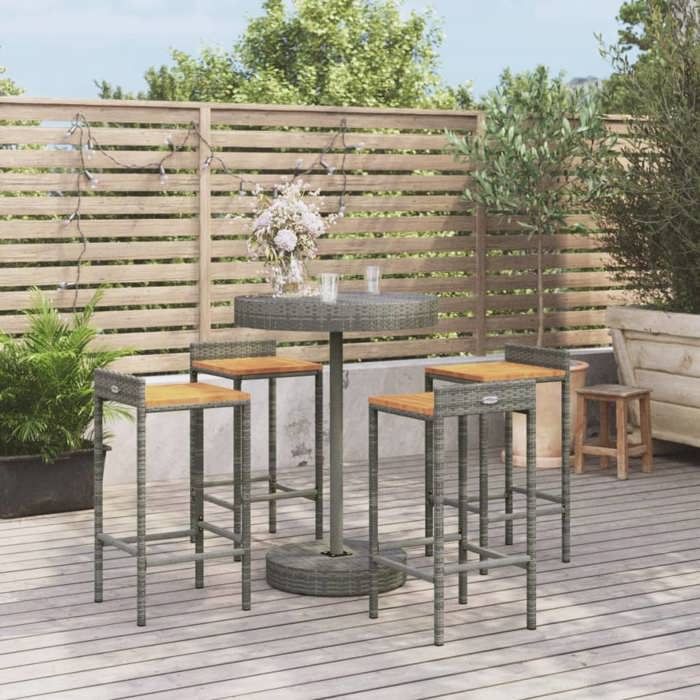 Ensemble de bar jardin - vidaXL - 5 pièces - Poly rotin - Bois massif acacia - Gris - Tabouret 40x44x86 cm