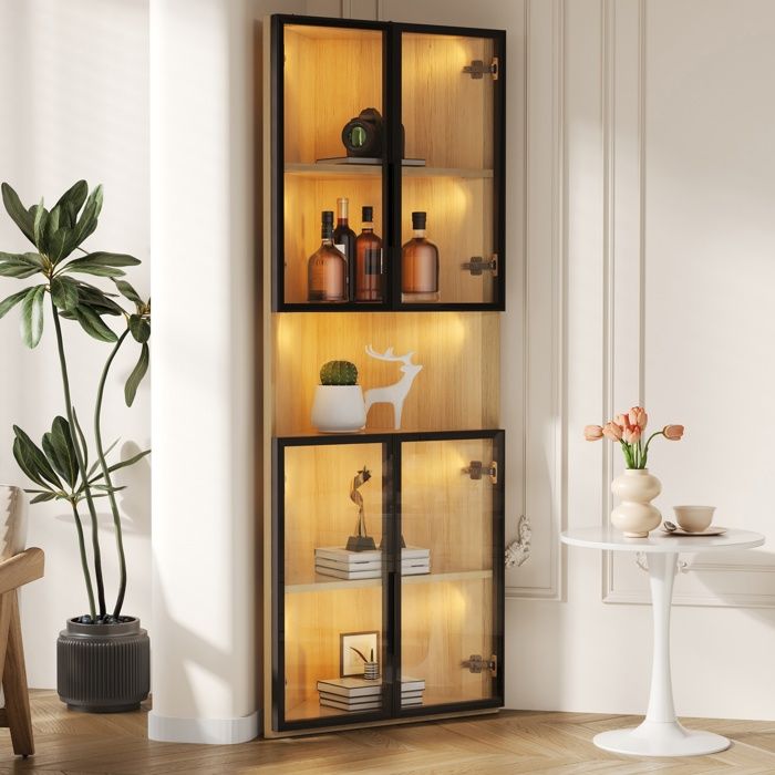 Vitrine d’Angle LED 160 cm avec Éclairage Intégré et 4 Portes – Colonne Vitrée en Verre Trempé Effet Chêne
