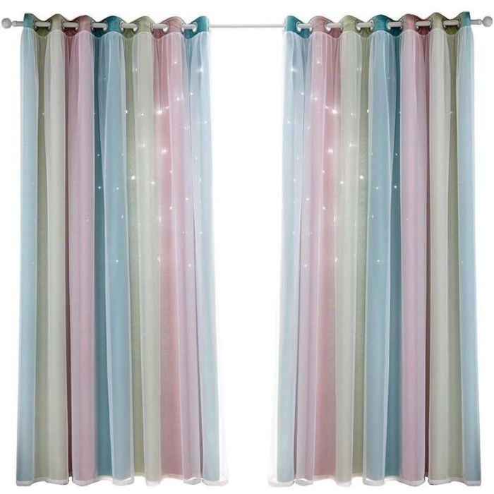 Rideau occultant pour enfants - PZCC - Double couche - Étoiles en tulle - Arc-en-ciel - Œillets